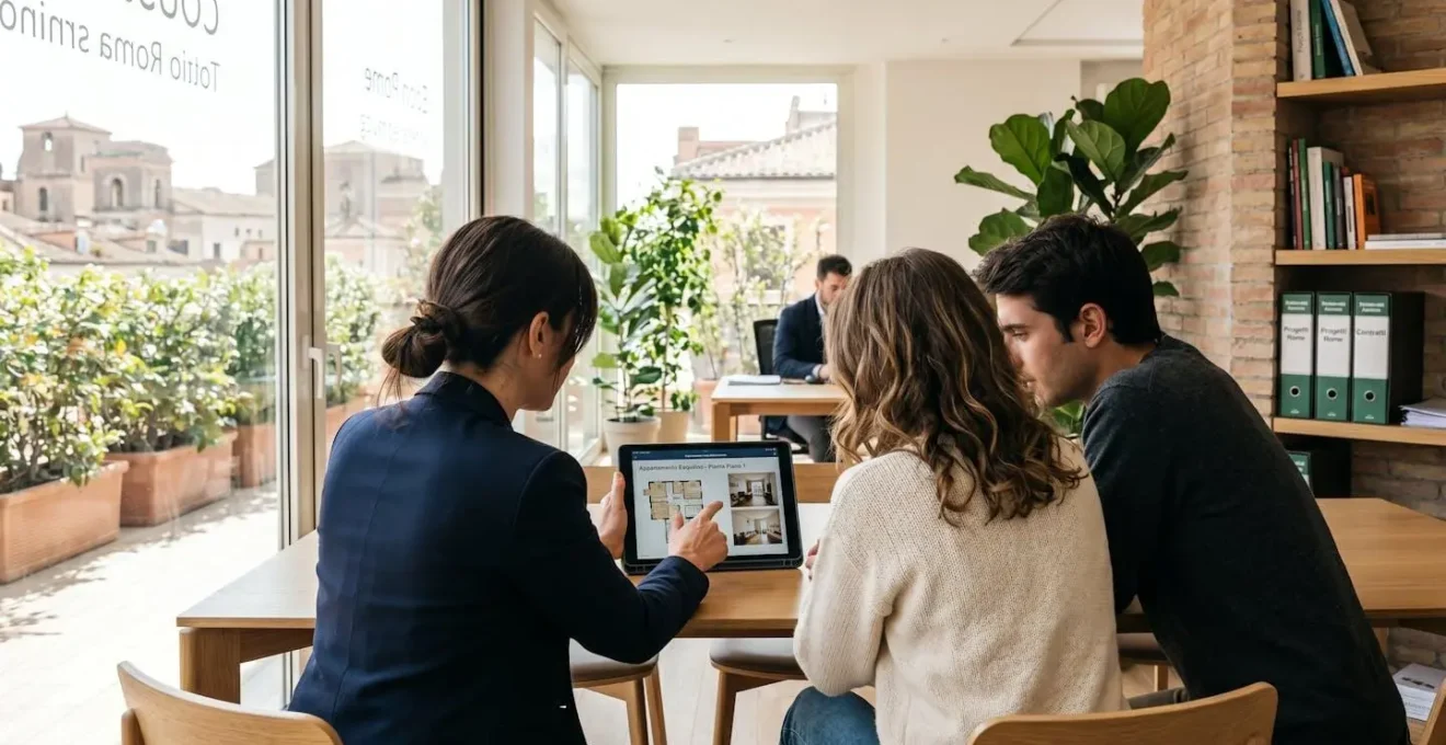 Un'agente immobiliare di profilo mostra dettagli su tablet a una giovane coppia vista di spalle in un ufficio luminoso romano