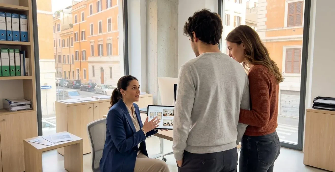 Un'agente immobiliare di profilo mostra dettagli su tablet a una giovane coppia vista di spalle in un ufficio luminoso romano