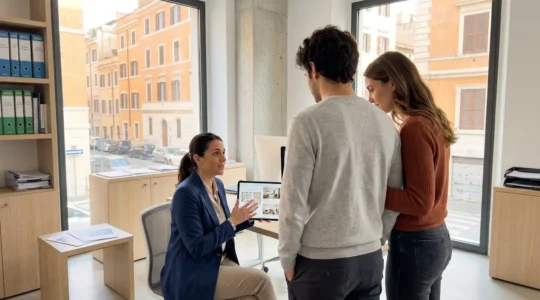 Un'agente immobiliare di profilo mostra dettagli su tablet a una giovane coppia vista di spalle in un ufficio luminoso romano