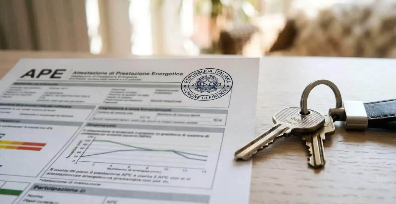 Primo piano di un documento ufficiale di certificazione energetica parzialmente sfocato con timbro, accanto a chiavi moderne su una scrivania bianca