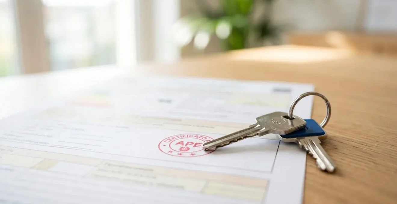 Primo piano di un documento ufficiale di certificazione energetica parzialmente sfocato con timbro, accanto a chiavi moderne su una scrivania bianca