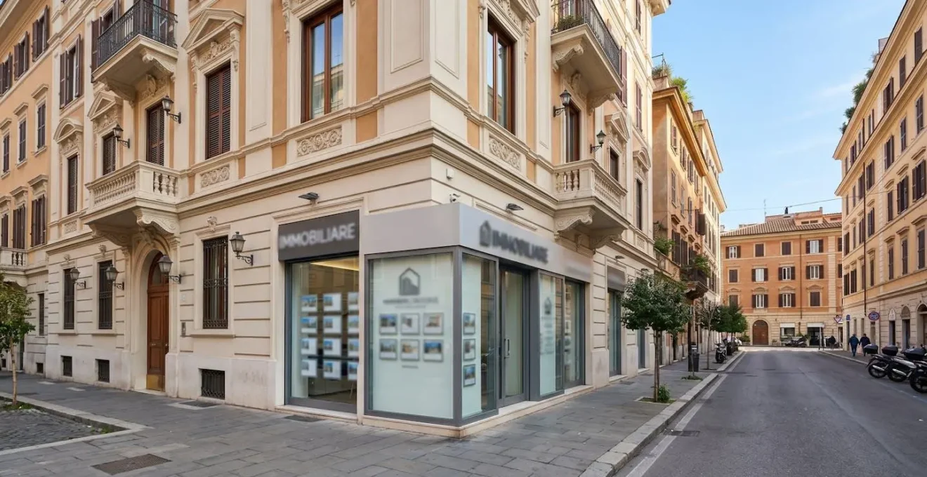 Vista ampia di una strada tipica del quartiere Prati a Roma con palazzo storico ristrutturato e vetrina di agenzia immobiliare moderna con insegna sfocata