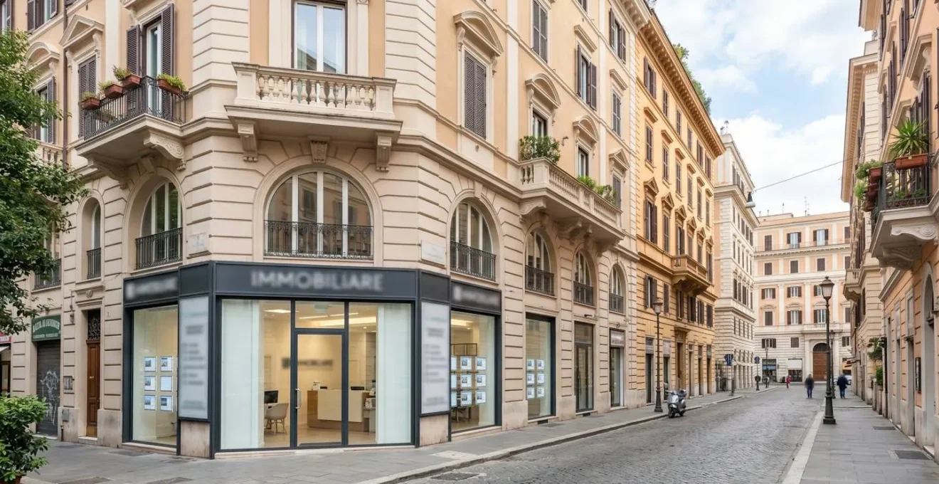Vista ampia di una strada tipica del quartiere Prati a Roma con palazzo storico ristrutturato e vetrina di agenzia immobiliare moderna con insegna sfocata